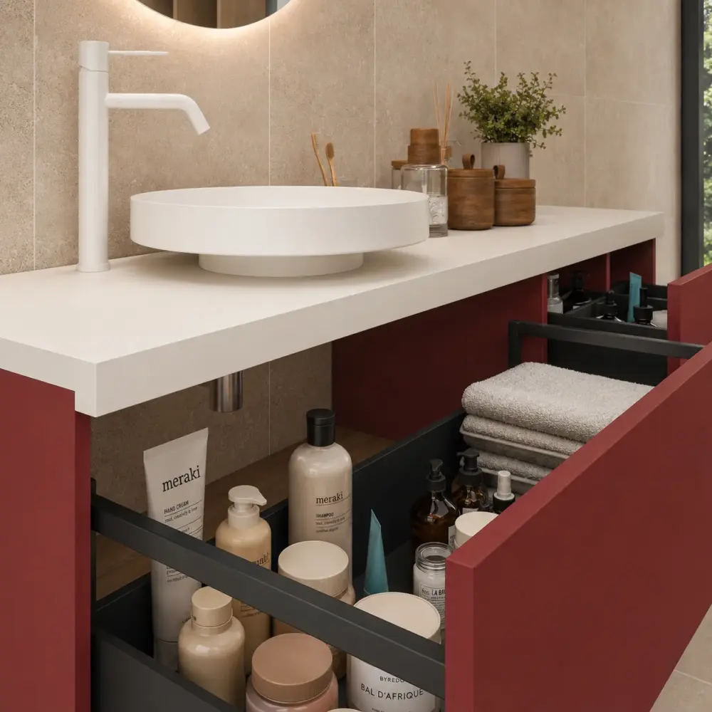 Mueble de baño suspendido TESIS  4 cajones  acabado  Rojo Violeta
