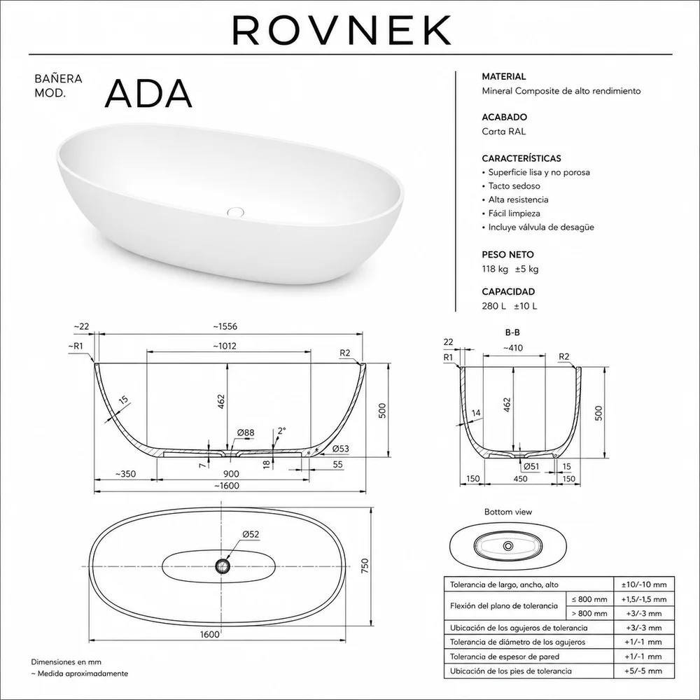 Ficha técnica Bañera exenta  ADA  Solid Surface  155 cm x  75  cm acabado Rojo Beige