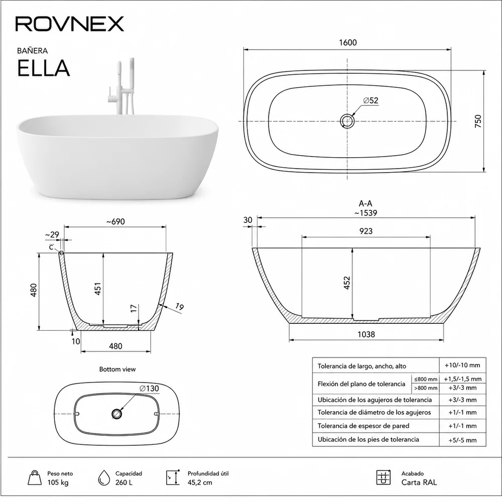Ficha técnica Bañera exenta  ELLA  Solid Surface  160 cm x  75  cm acabado Amarillo Arena