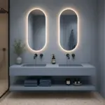 Lavabo suspendido doble 120 cm SOLID SURFACE  acabado Gris Guijarro con estante inferior