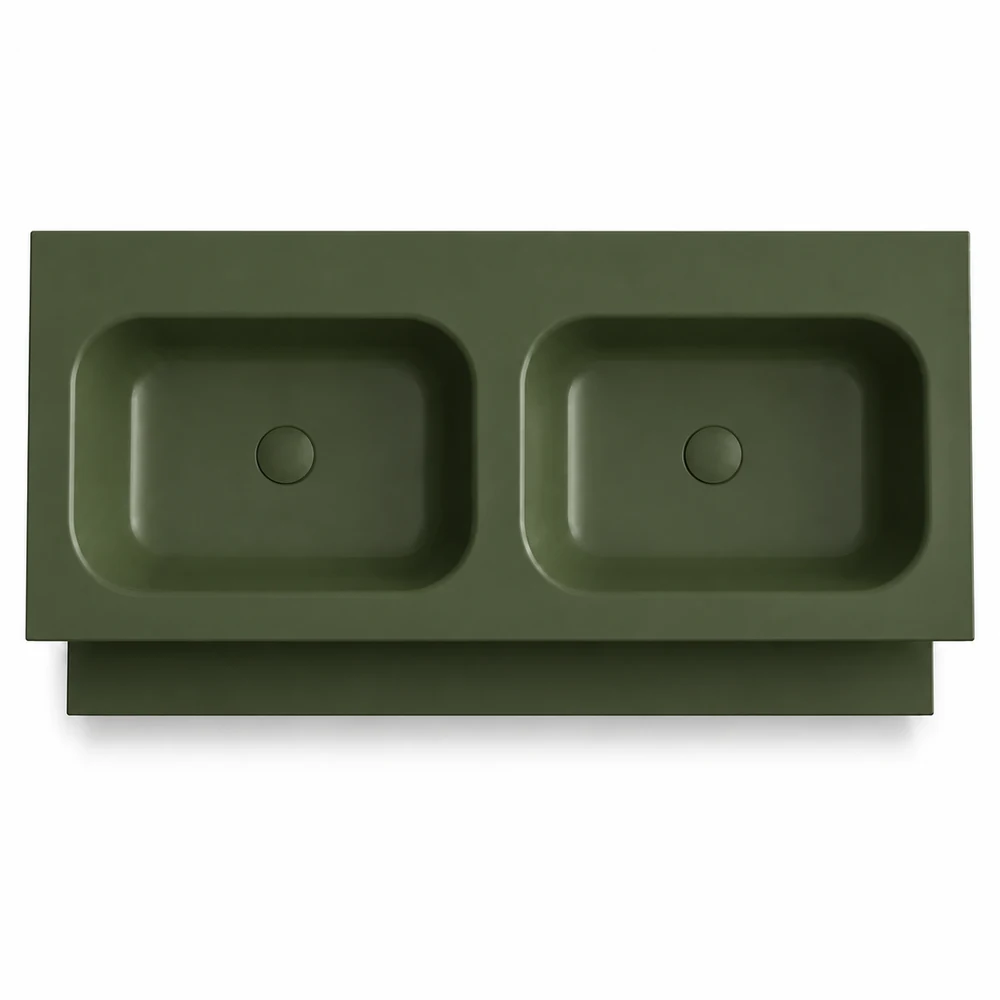 Lavabo suspendido doble 120 cm SOLID SURFACE  acabado Verde Hierba  con estante inferior