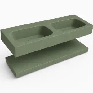 Lavabo suspendido doble 120 cm SOLID SURFACE acabado Verde Hierba con estante inferior
