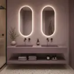 Lavabo suspendido doble 120 cm SOLID SURFACE  acabado Violeta Pastel con estante inferior