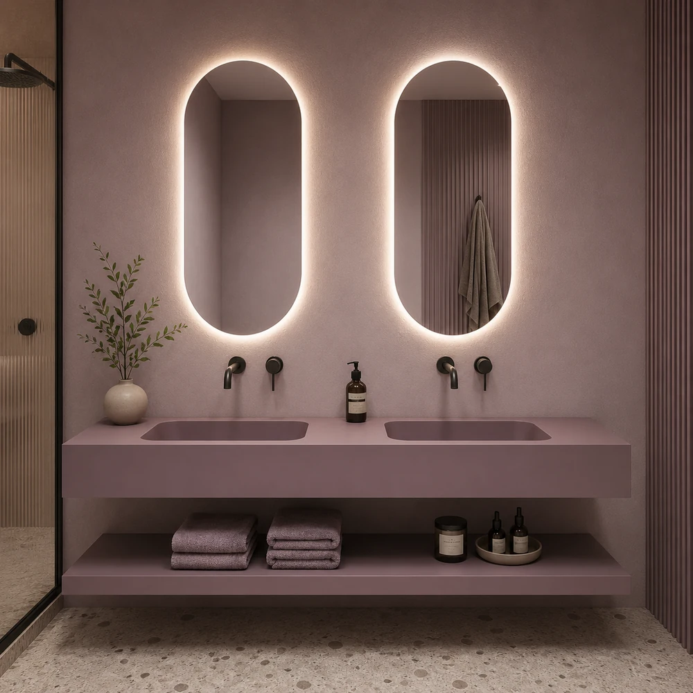 Lavabo suspendido doble 120 cm SOLID SURFACE  acabado Violeta Pastel con estante inferior